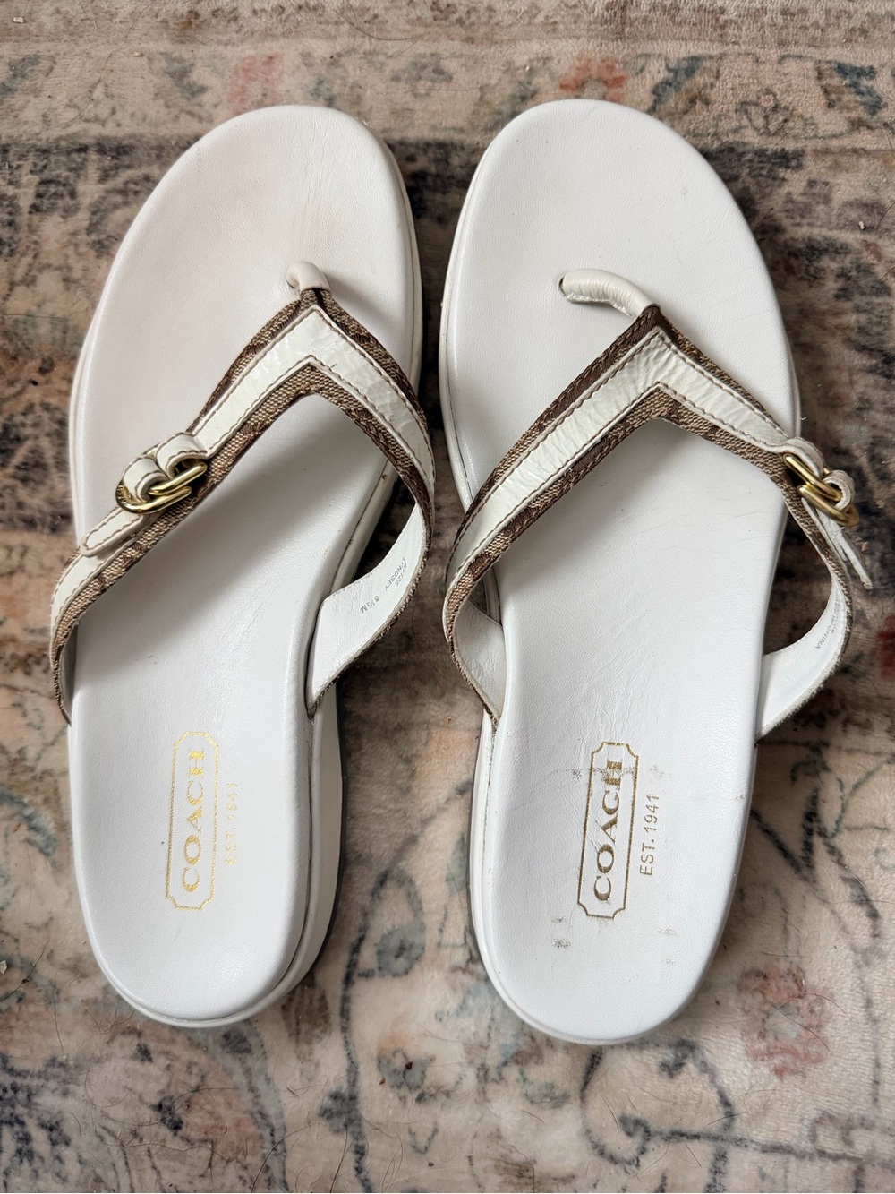Coach White Leather Thong Sandals with Brown Trim and Gold Hardware
